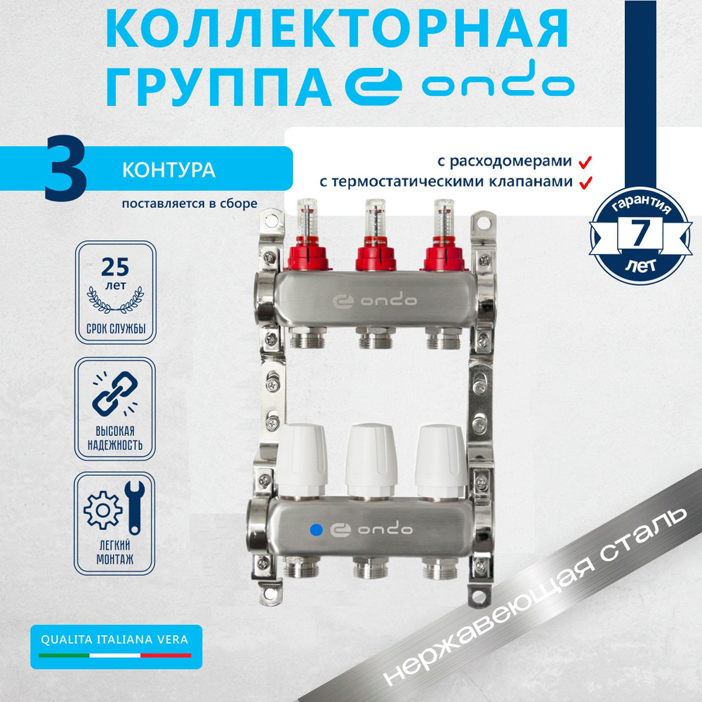 Коллектор для теплого пола 3 контура ONDO нержавеющая сталь в сборе с расходомерами и термостатическими #1