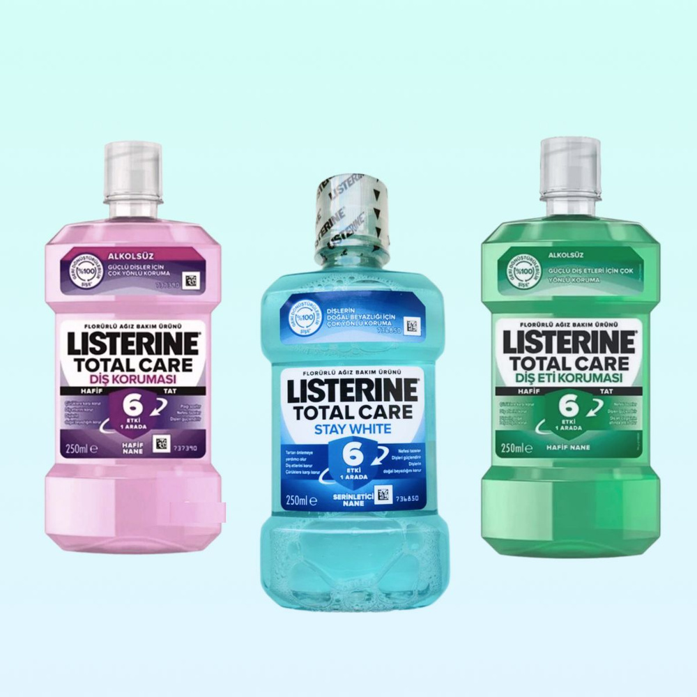 Listerine, набор из 3х штук Total Care, без спирта + stay white, со спиртом , по 250 мл. Ополаскиватель #1