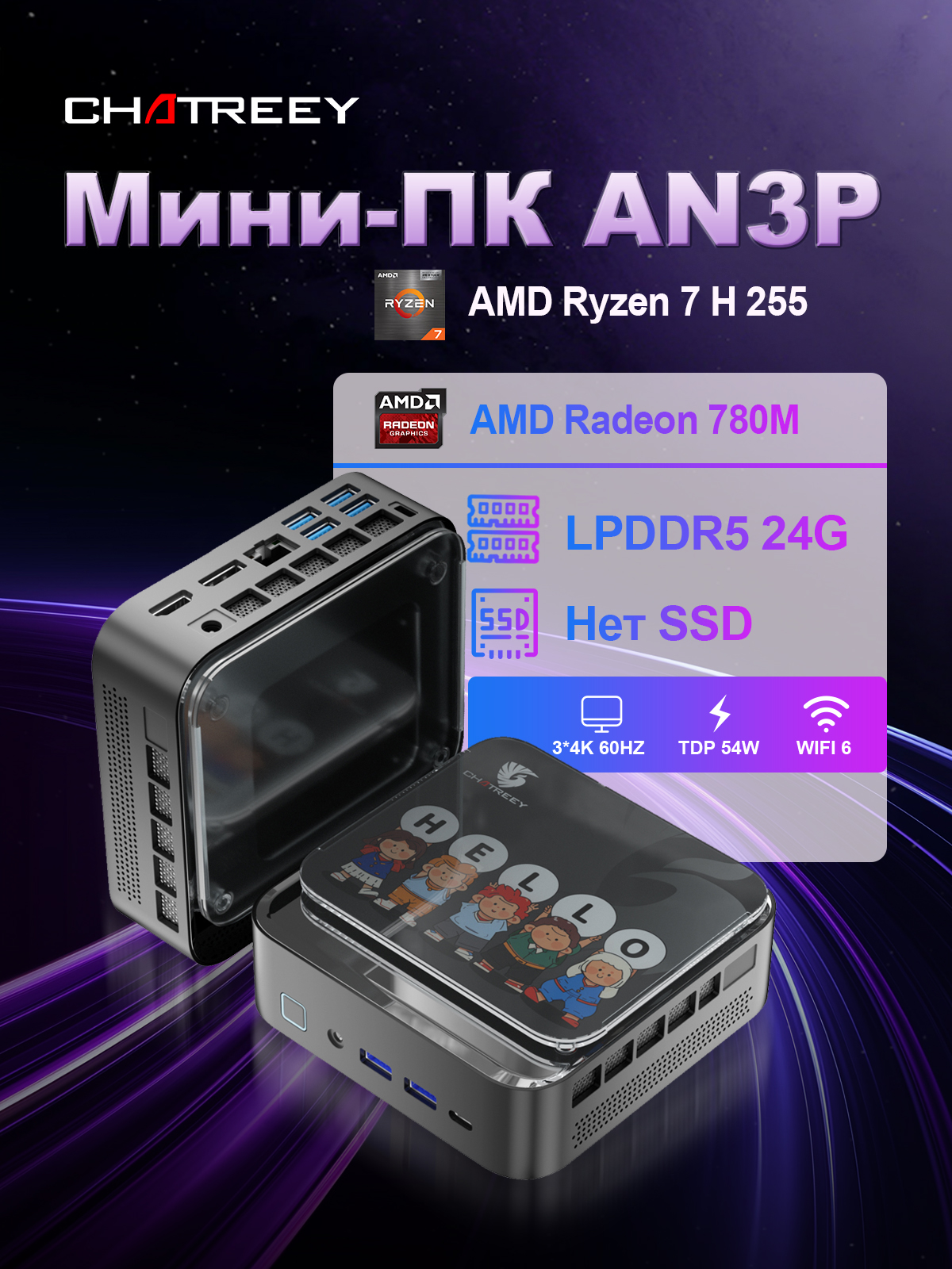 ChatreeyМини-ПК(AMDRyzen7H255,RAM24ГБ,AMDRadeon780M,),AN3P,черныйматовый