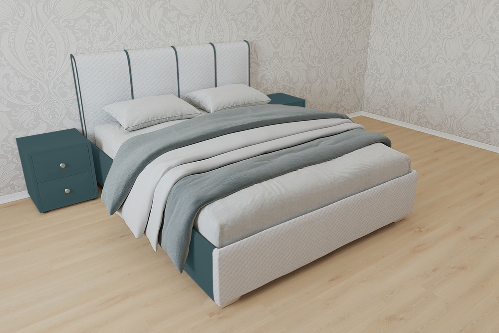 Двуспальная кровать Европа 140x200 с подъемным механизмом и с коробом для белья велюр бирюзовый ножки #1