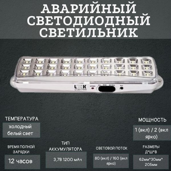 Светодиодный аварийный светильник (режим ВКЛ 1Вт; режим ВКЛ ЯРКО 2Вт) 30 LED, фонарь аккумуляторный, #1
