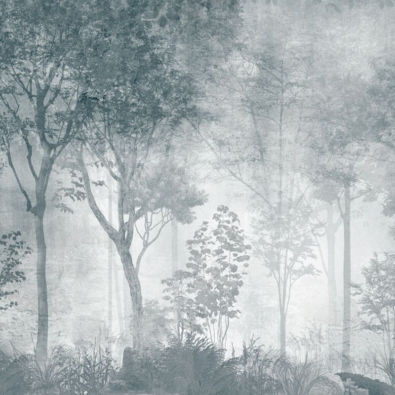 Фотообои флизелиновые на стену 3д GrandPik 10319 Лофт "Лес, деревья в тумане, винтаж, синий" (ШхВ), 200х200 #1