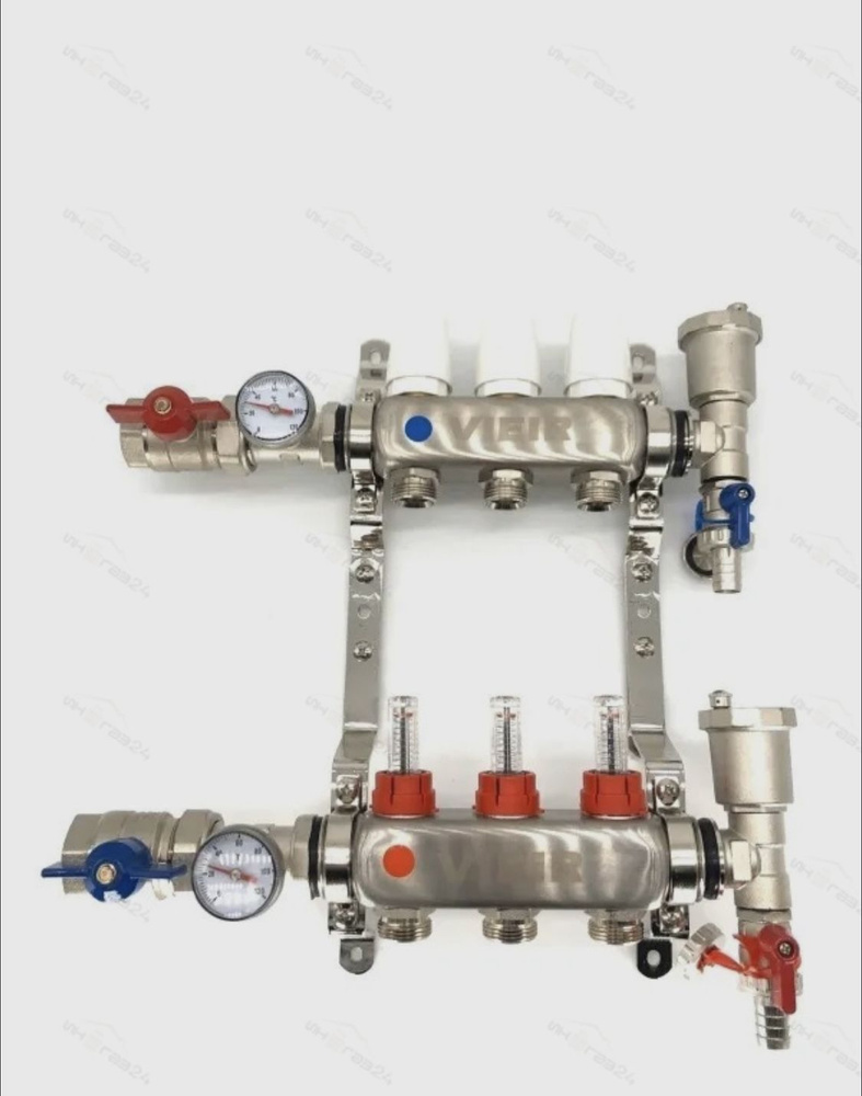 Коллектор для теплого пола в сборе 2-вых VIEIR НЕРЖ. С КРАНАМИ 1"x3/4"  #1