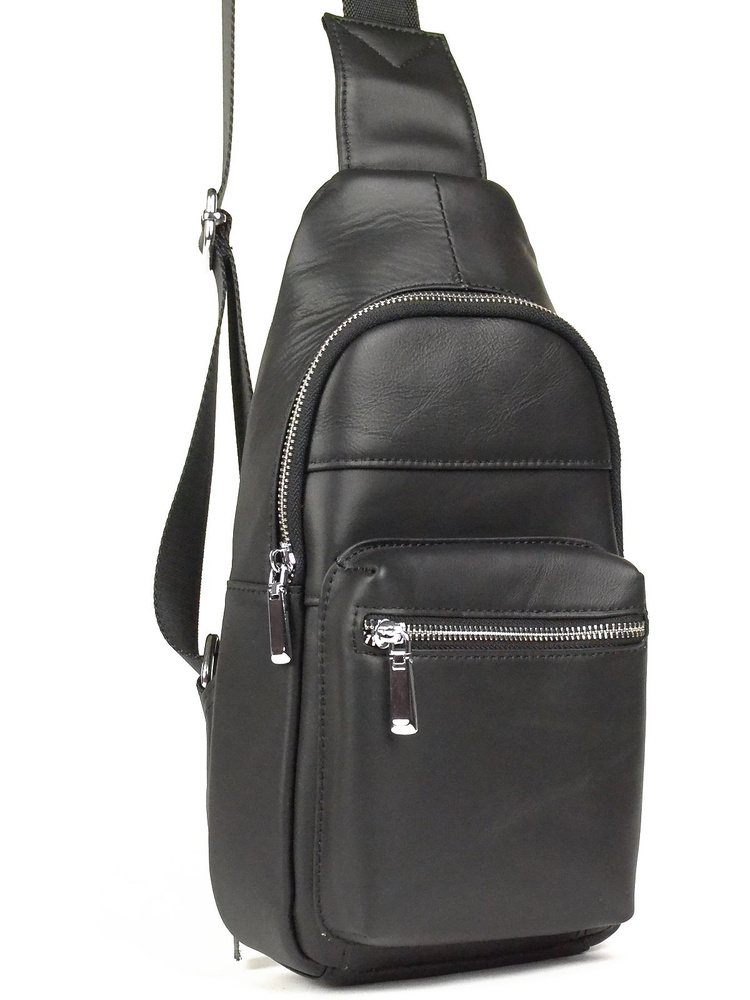 Мужская сумка рюкзак слинг на грудь из натуральной кожи, через плечо, черный, 31x17x6см  #1