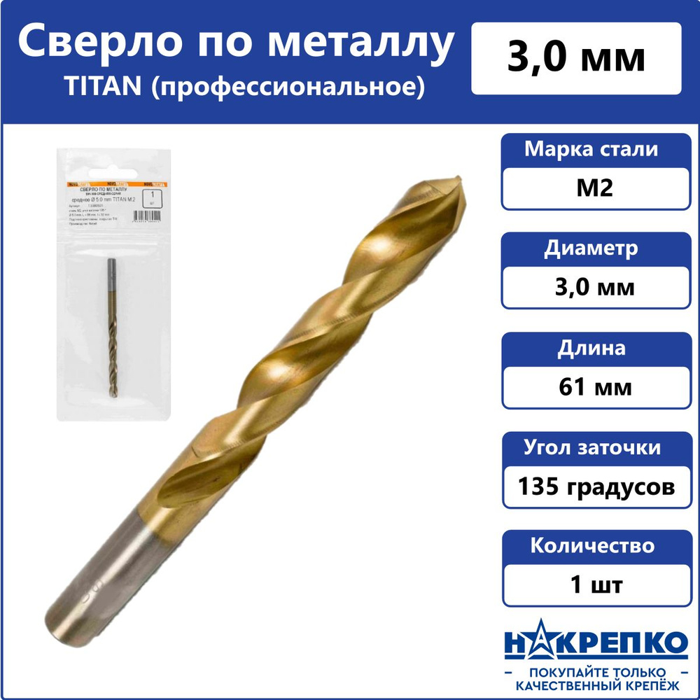 Сверло по металлу ТИТАН 3.0 mm DIN 338, ц/х, L 61/33 mm, Novocraft #1