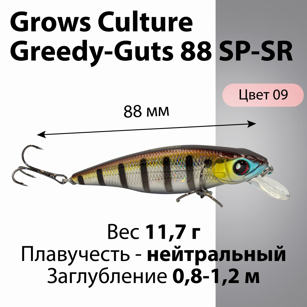 Воблер Grows Culture Greedy Guts 88SP-SR цвет 09 11,7 г 0,8-1,2 м минноу для ловли щуки, голавля, жереха #1