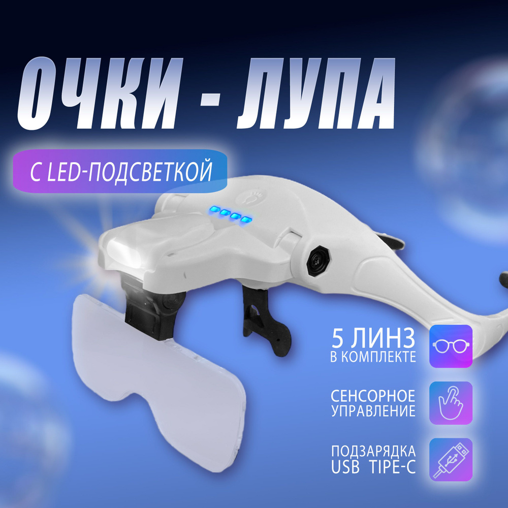 Лупа - очки налобные увеличительные с сенсорной подсветкой (4LED) Бинокулярные очки 9892TSC1 USB  #1