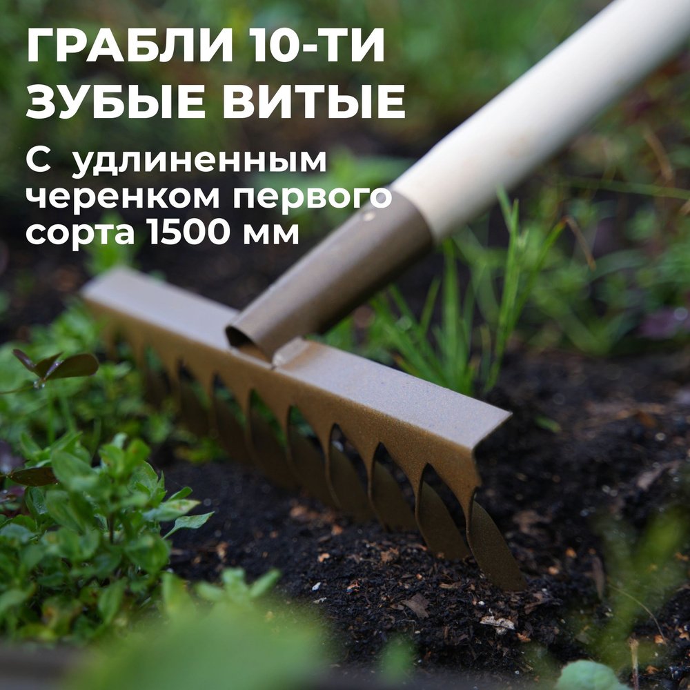Грабли садовые 10-ти зубые витые с удлиненным черенком 1 сорта (1500 мм)  #1