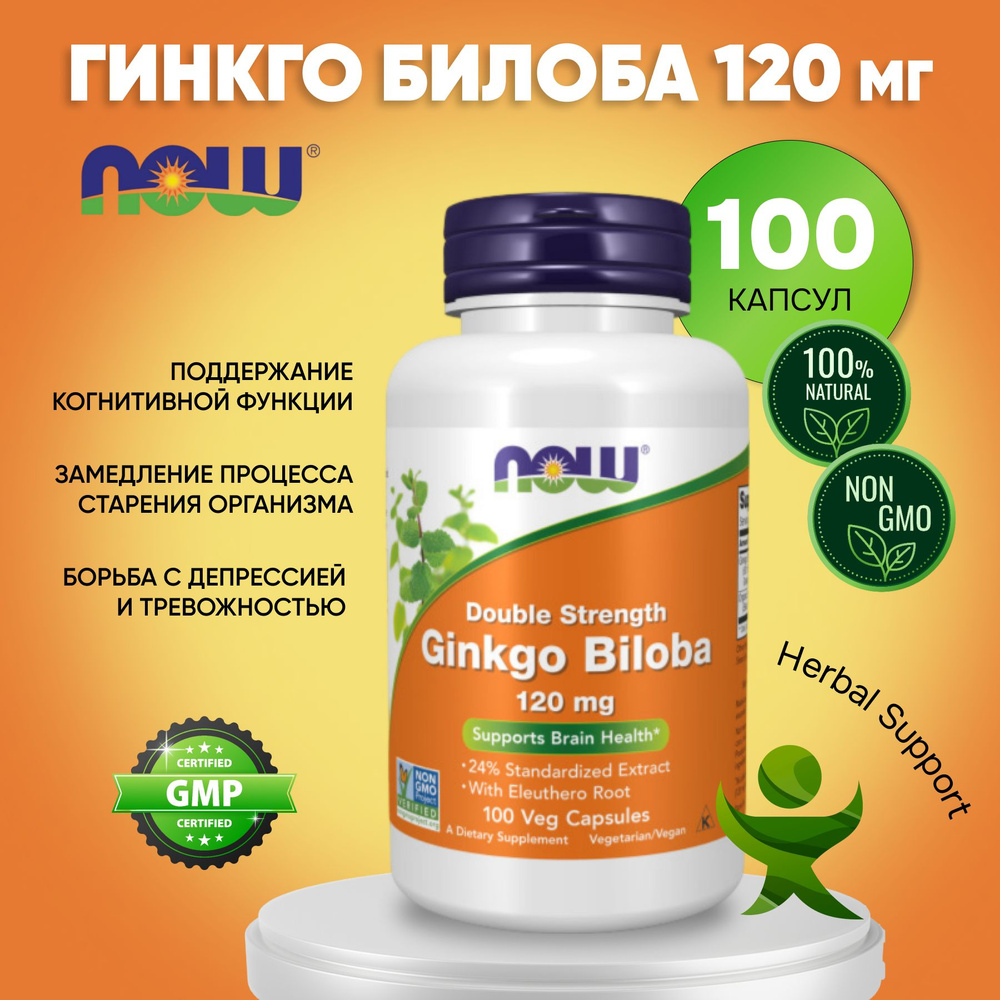 Гинкго Билоба 120мг 100 вегетарианских капсул, NOW Ginkgo Biloba, Концентрация и память  #1