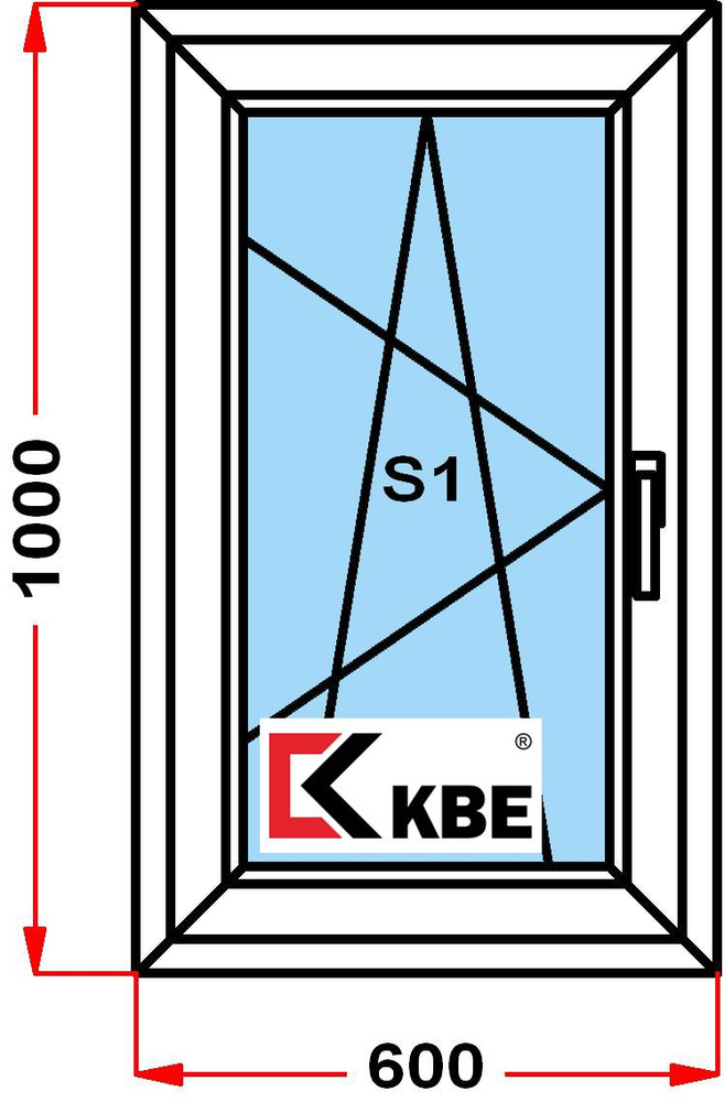 Окно пластиковое KBE 58 мм, (1000 x 600), с поворотно-откидной створкой, стеклопакет из 2х стекол, левое #1