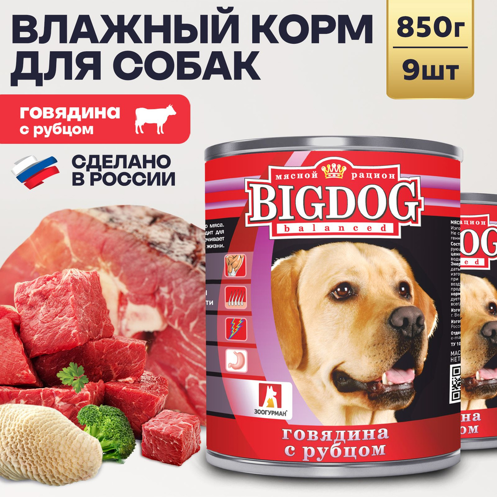 Влажный корм для собак крупных и средних пород Зоогурман ПРЕМИУМ Big Dog Говядина с рубцом, 850 г х 9 #1