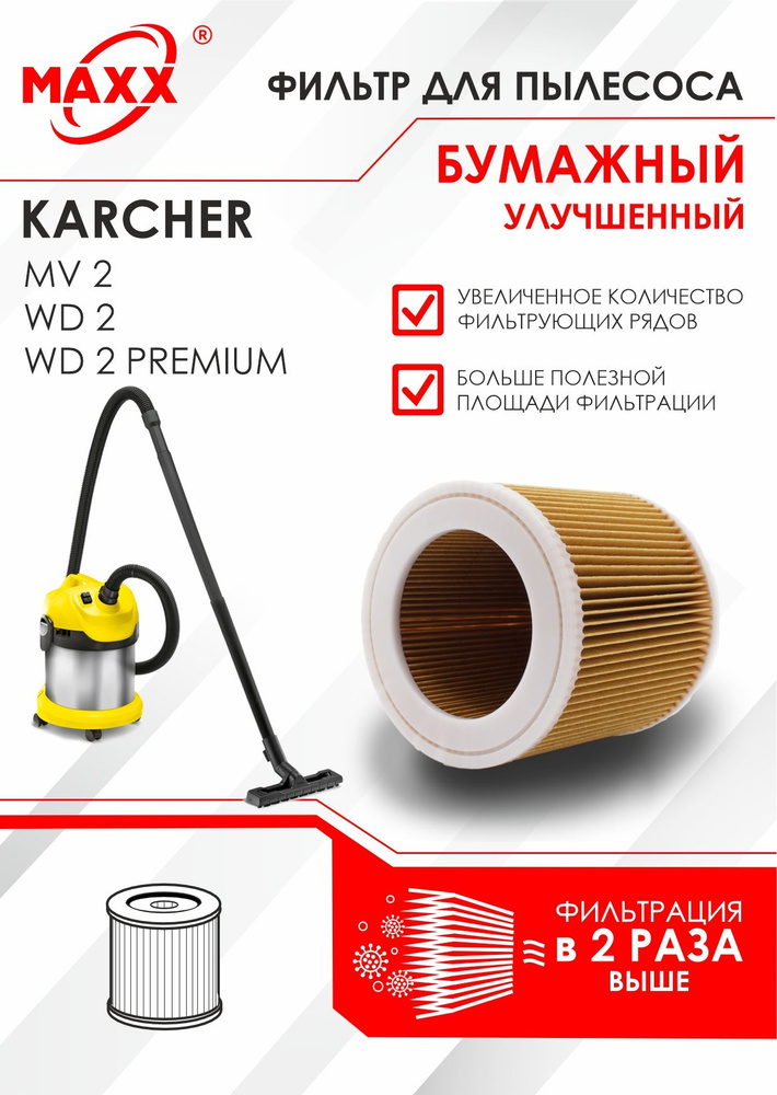 Патронный фильтр бумажный улучшенный для пылесоса Karcher WD 2, WD 2 Premium , MV 2  #1