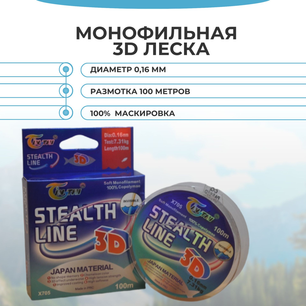 Леска монофильная Stealth line 3D. Прочная, невидимая плетенка цвета хамелеон. Для удочки, спиннинга, #1