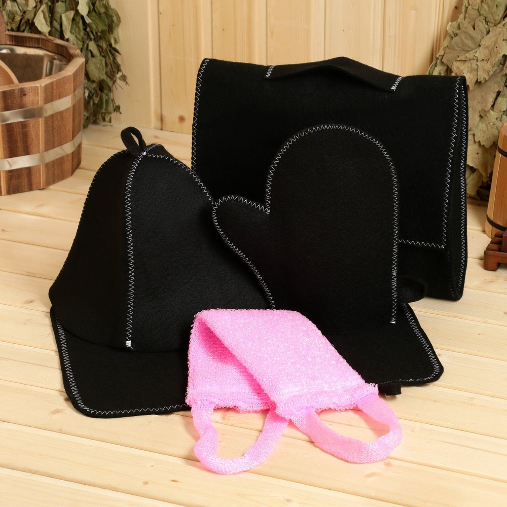 Набор для бани и сауны 5 в 1 (сумка, шапка, варежка, коврик, мочалка), черный  #1