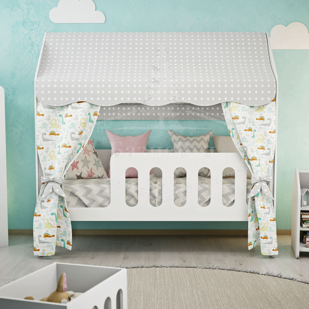 Кровать-домик, Кровать детская с бортиком под матрас 160х80, БазисВуд "Классик" с текстилем (серый со #1