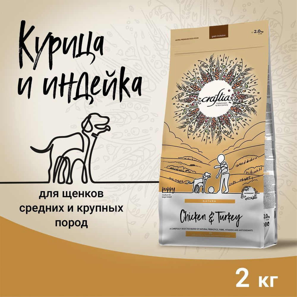 Сухой корм CRAFTIA NATURA для щенков средних и крупных пород из курицы и индейки 2 кг  #1