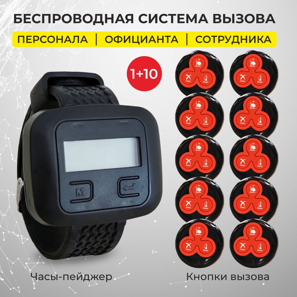 Кнопка вызова официанта, кальянщика и часы-пейджер: пейджер - 1 шт, кнопка - 10 шт. Радиус 150+ м.  #1