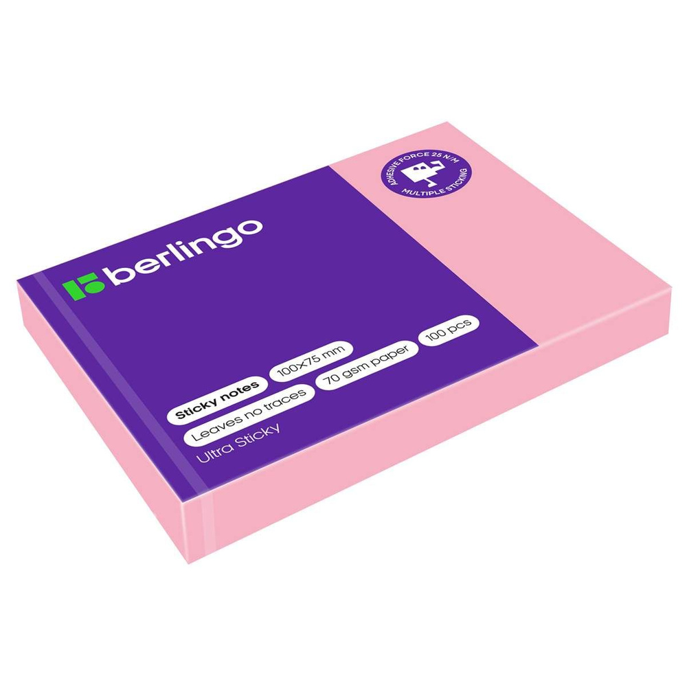 (12 шт.) - Самоклеящийся блок Berlingo "Ultra Sticky", 100*75мм, 100л., пастель, розовый (арт. 287180) #1