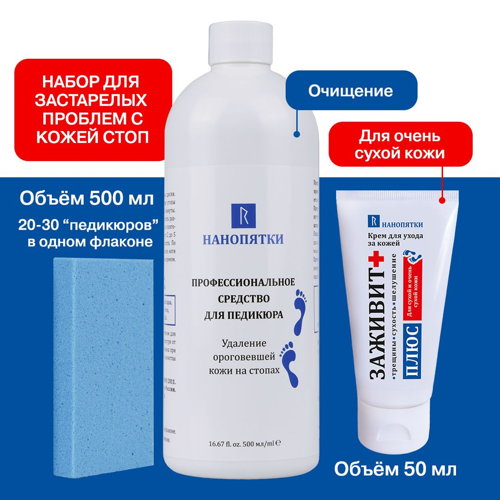 НАНОПЯТКИ Набор для ухода за кожей стоп № 61: Кератолитик для педикюра 500 мл, пемза для пяток 1шт, крем #1