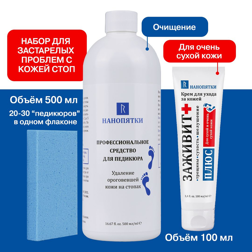 НАНОПЯТКИ Набор для ухода за кожей стоп № 63: Кератолитик для педикюра 500 мл, пемза для пяток, крем #1