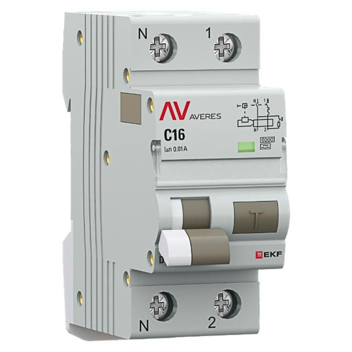 Выключатель автоматический дифференциального тока 2п (1P+N) C 16А 10мА тип A 6кА DVA-6 AVERES EKF rcbo6-1pn-16C-10-a-av #1