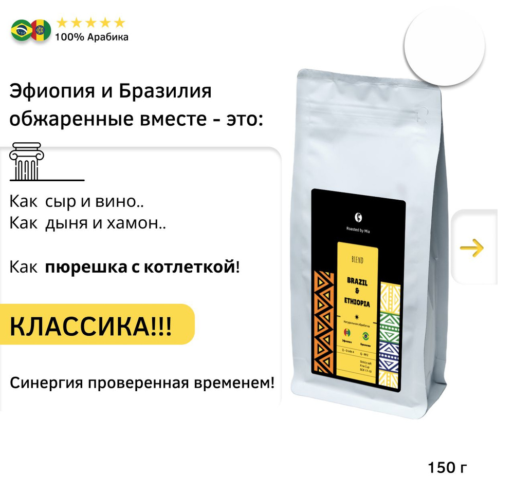 Кофе молотый Арабика 150 г Roasted by Mia. Под гейзер, чашку Бленд Бразилия Эфиопия Средняя обжарка  #1