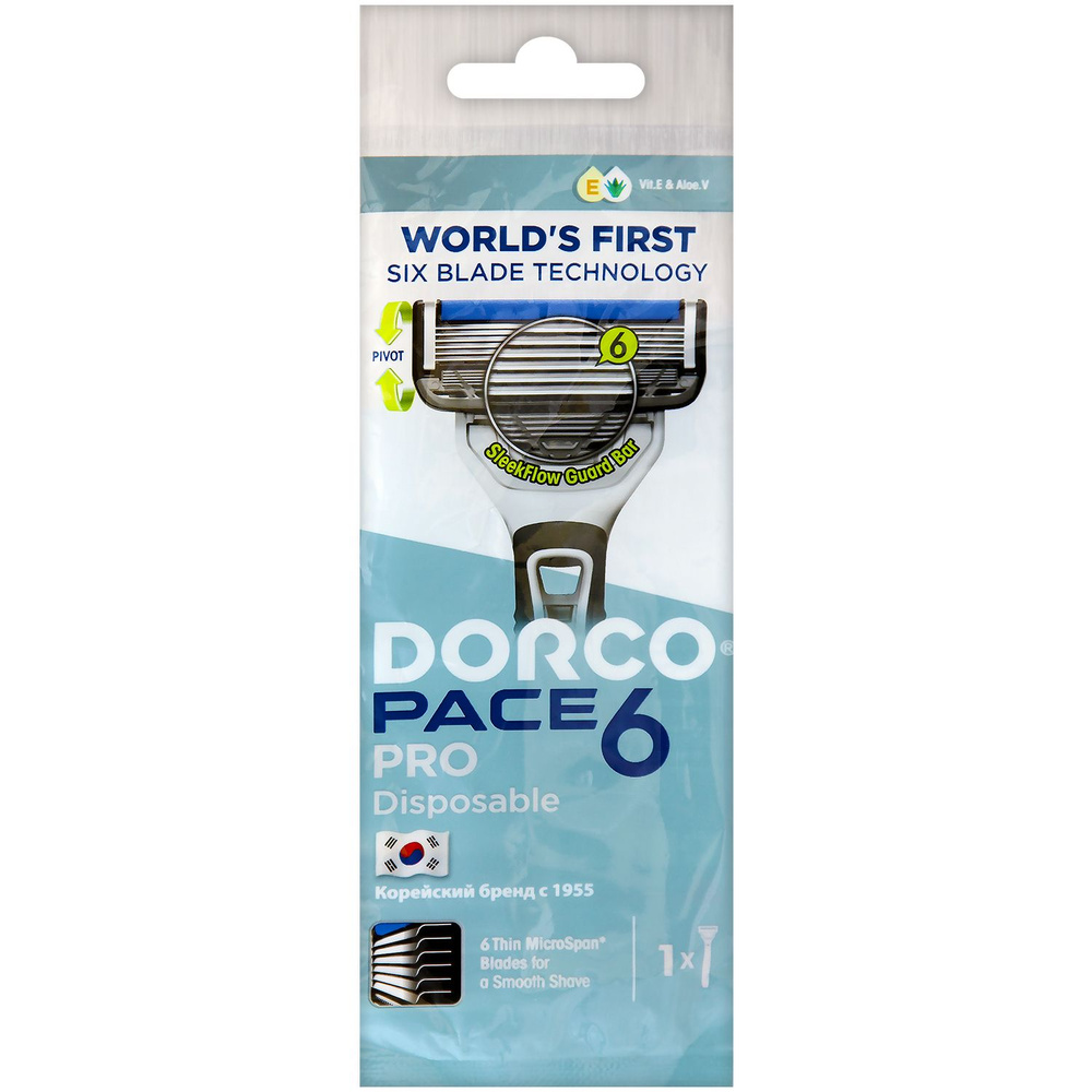 Dorco Бритва одноразовая PACE6 PRO (1 станок), 6-лезвийная, плавающая головка, увлажняющая полоса, прорезиненная #1