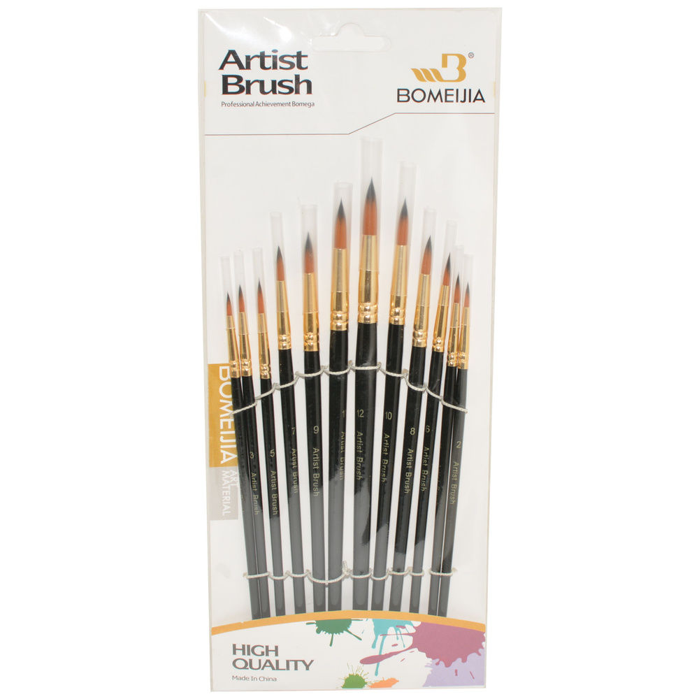 Набор кистей синтетика 12 штук художественные круглые №1-12, черные деревянные ручки, для рисования любыми #1