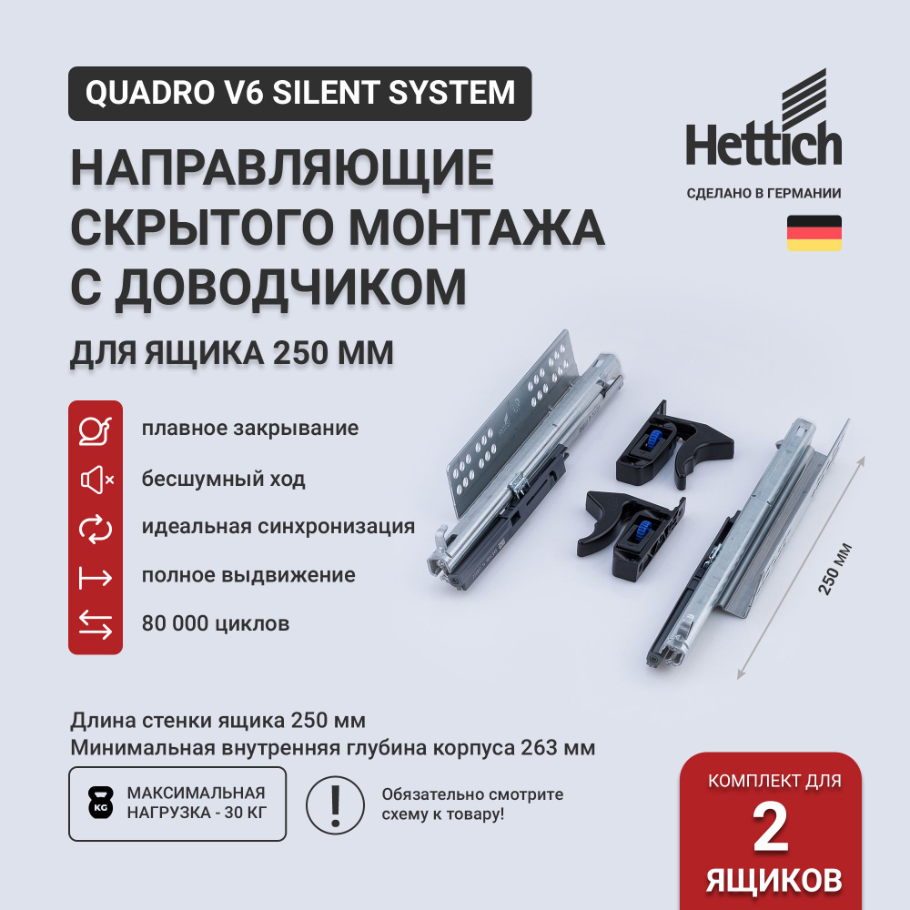 Направляющие для ящиков 250 Hettich Quadro V6 Silent System с доводчиком, длина 250 мм, полное выдвижение #1