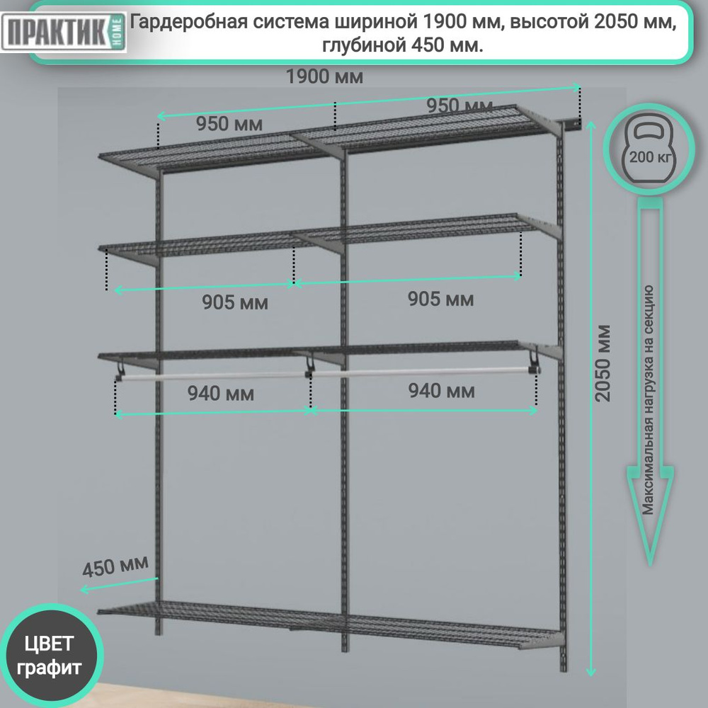 Гардеробная система , настенная вешалка шириной 190 см, высотой 205 см, глубиной 45 см с полками.  #1