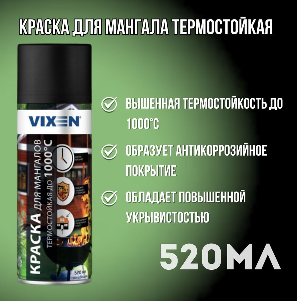 Краска для мангала термостойкая черная (до 1000С), аэрозоль 520 мл Vixen  #1