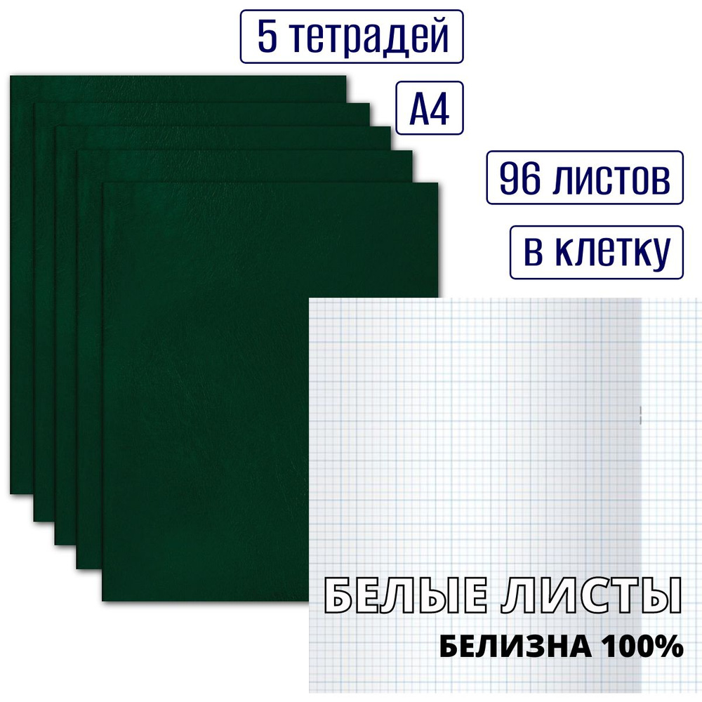Набор тетрадей в клетку 96 листов, формат А4, без полей, обложка бумвинил зеленая, белые листы, белизна #1