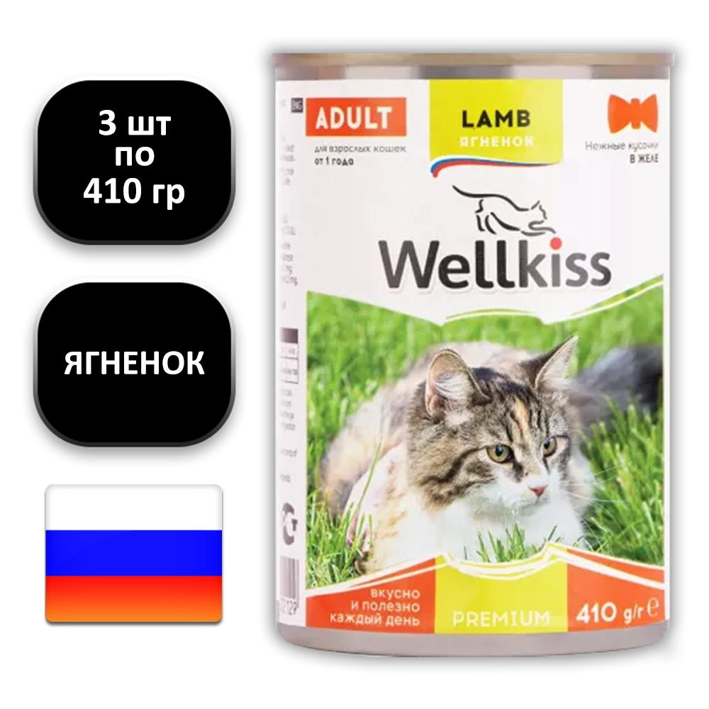 (3 ШТ.) 410 гр., Wellkiss, Adult, Влажный корм (консервы), для кошек, нежные кусочки в желе, "ягненок" #1