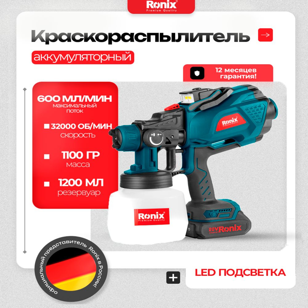 Краскопульт аккумуляторный для краски 20V RONIX, объем 1200 мл, поток 600 мл/мин,  #1