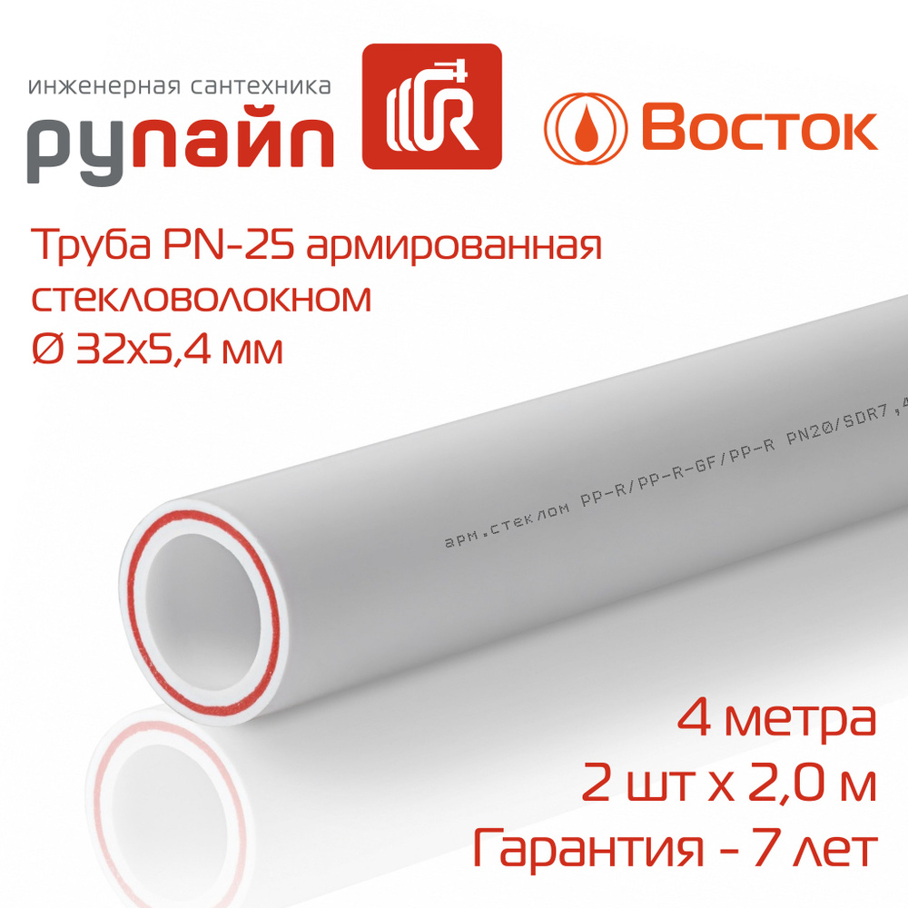 Труба полипропиленовая 32 х 5,4 мм, PN-25, армированная стекловолокном, 2 отрезка по 2 метра (4 метра), #1