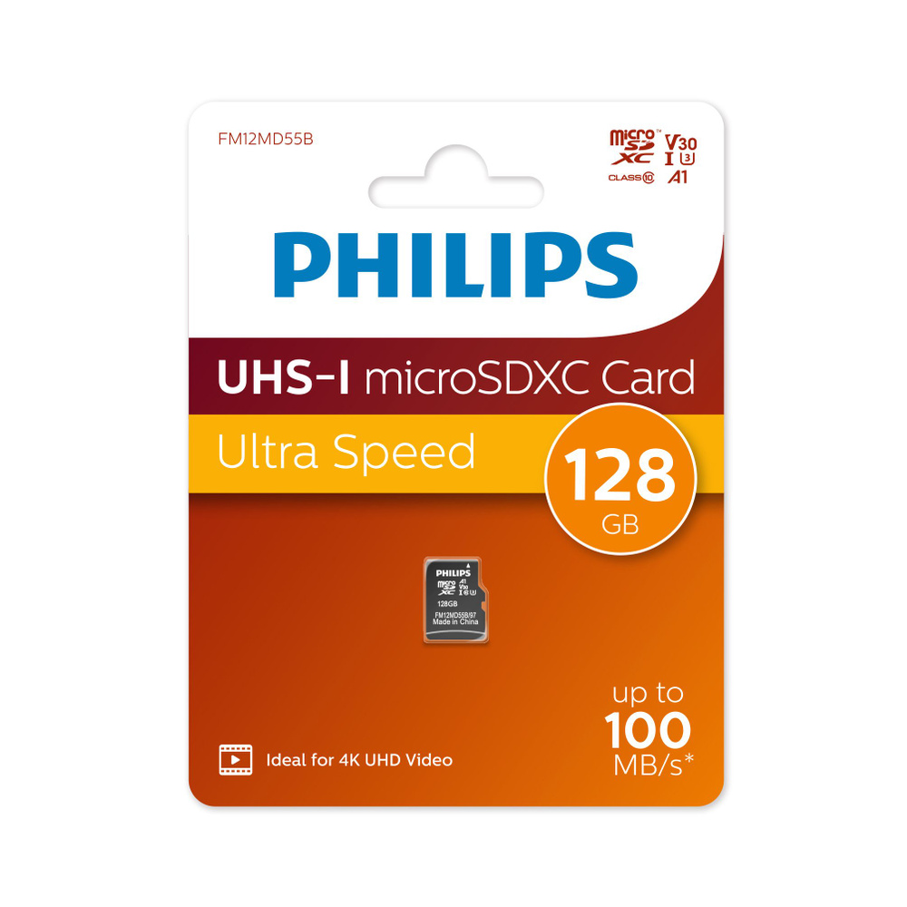 Флеш карта microSD 128GB PHILIPS High Speed microSDXC Class UHS-I U3, V30, A1, 100MB/s #1