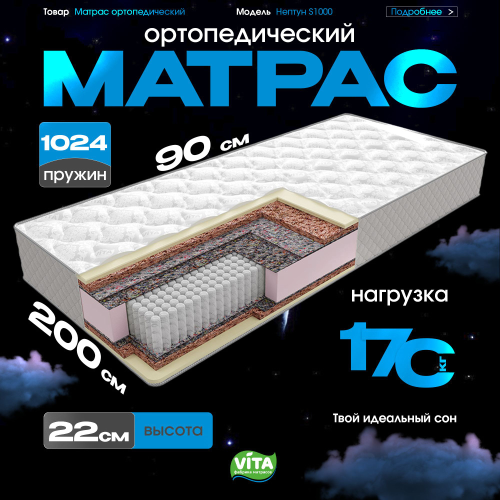 Матрас VITA ортопедический, независимые пружины Нептун S 1000 (90х200)  #1