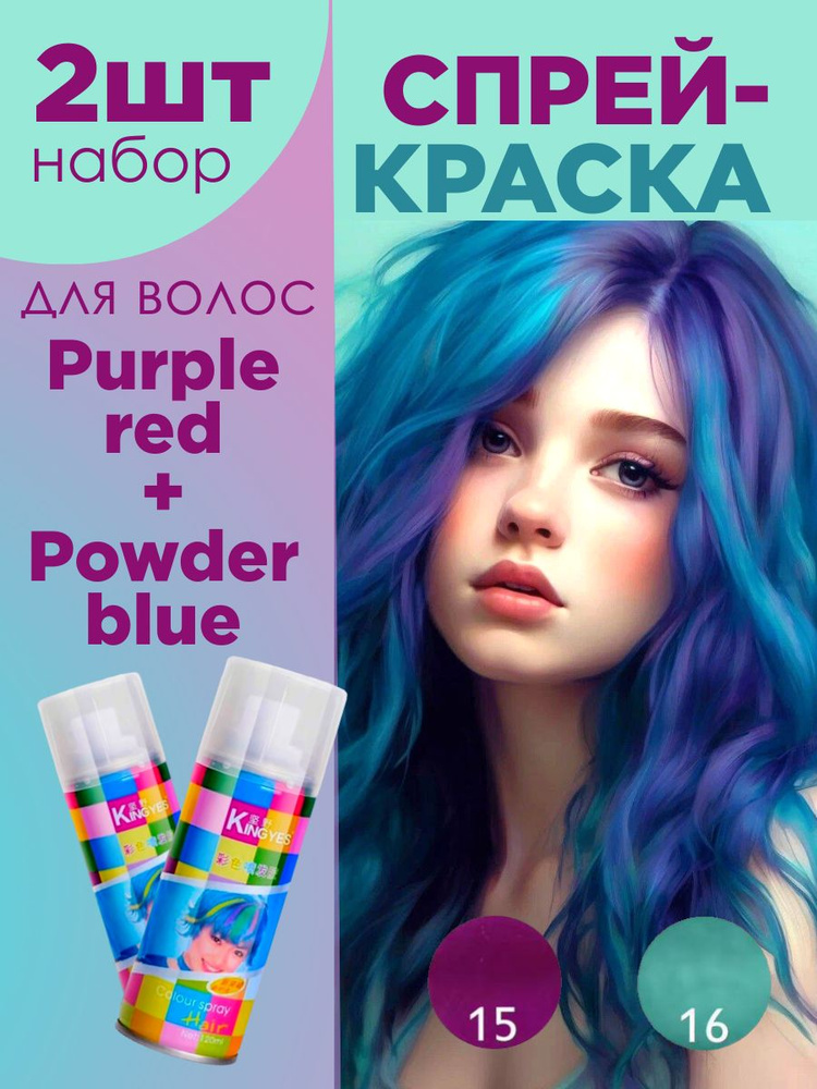 Комплект спрей-краски для волос смываемой Purple Red(120мл) + Powder Blue(120мл)  #1