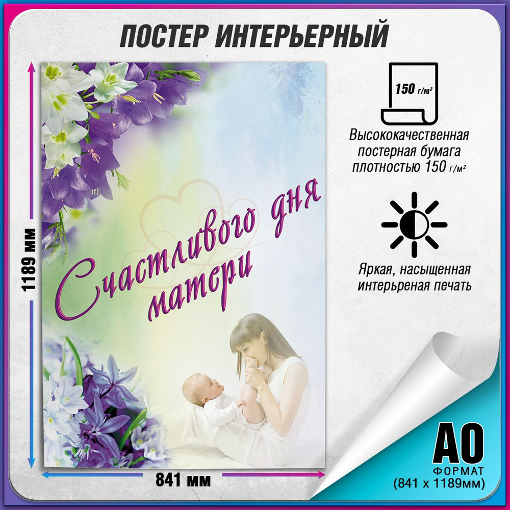 Плакат "Счастливого дня матери" / Поздравительный постер маме / А-0 (84x119 см)  #1