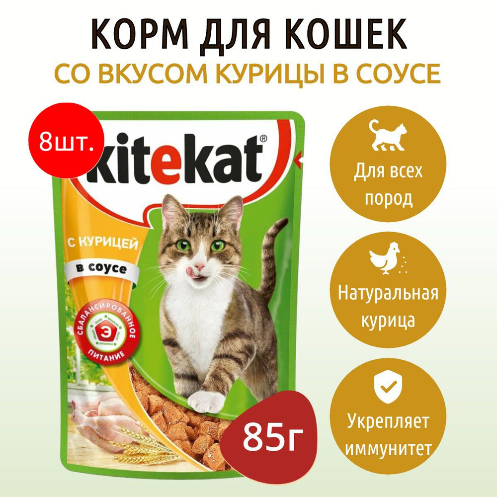 Влажный корм Kitekat 680 г (8 упаковок по 85 грамм) для кошек Курица в соусе, в паучах  #1