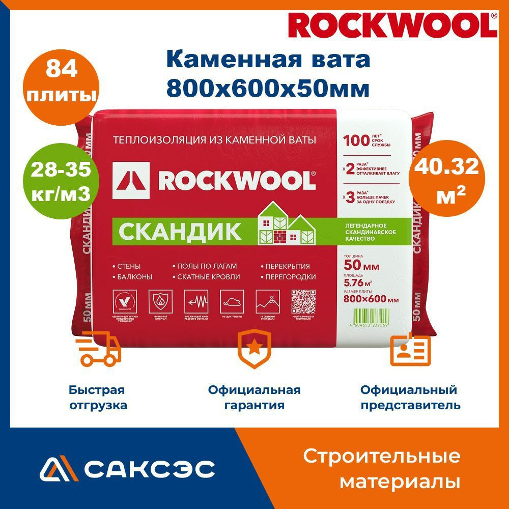 Каменная вата утеплитель Роквул Лайт Баттс Скандик 800х600х50мм, 84 плиты, 40.32 м2 / Утеплитель Rockwool #1