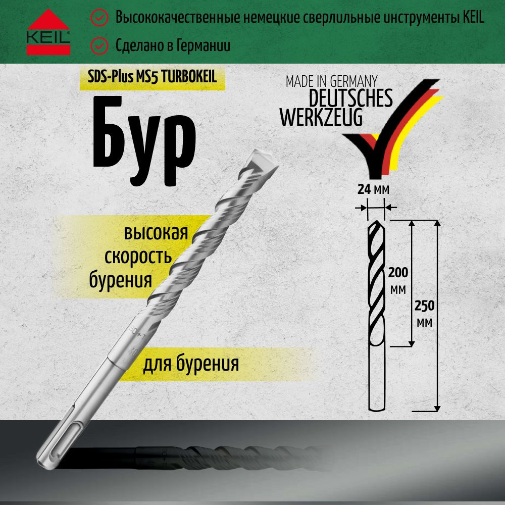 Бур для перфоратора 24 мм по бетону 200 х 250 SDS-Plus MS5 TURBOKEIL KEIL 253 240 250  #1