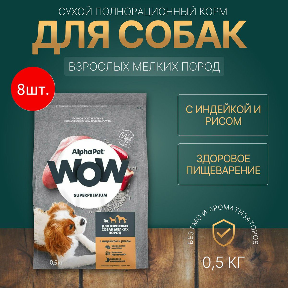 Сухой корм AlphaPet WOW 4000 г (8 упаковок по 500 грамм) для взрослых собак мелких пород с Индейкой и #1