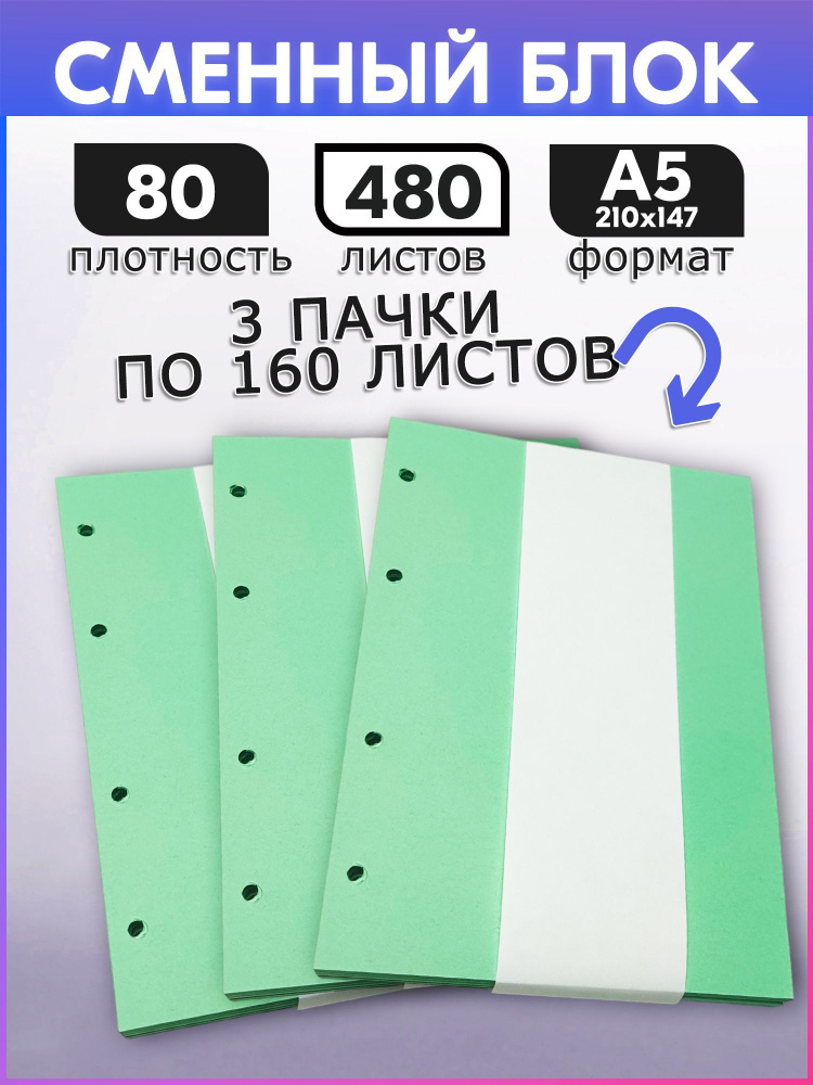 Сменный блок для тетради на кольцах а5, зеленый 80 г/м2, 3 блока по 160 листов  #1