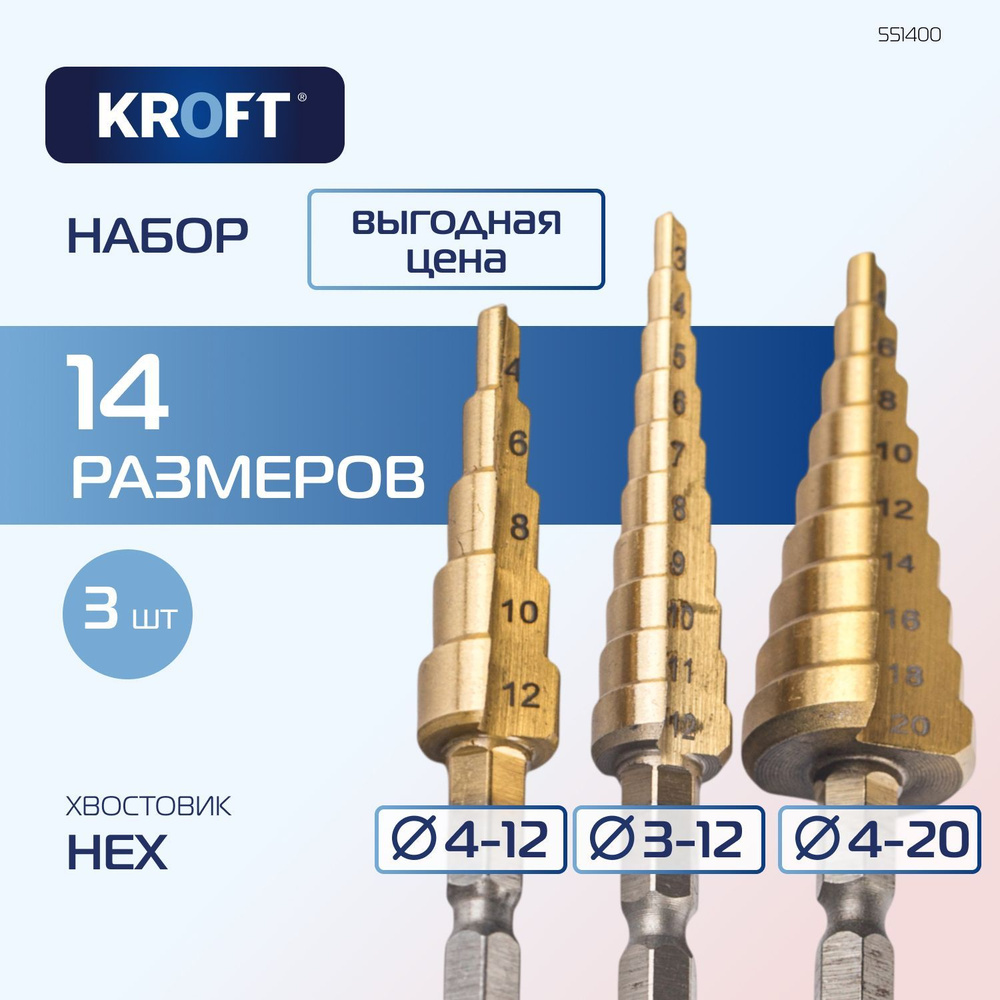 Сверло ступенчатое по металлу 3 шт 3-12 4-12 4-20 в чехле KROFT #1