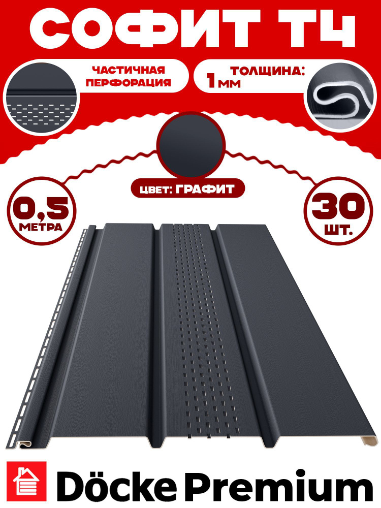 Софит Docke (30 штук) графит с центральной перфорацией по 0,5 метра ПВХ (Деке) Т4 серый (RAL 7024) пластиковый #1