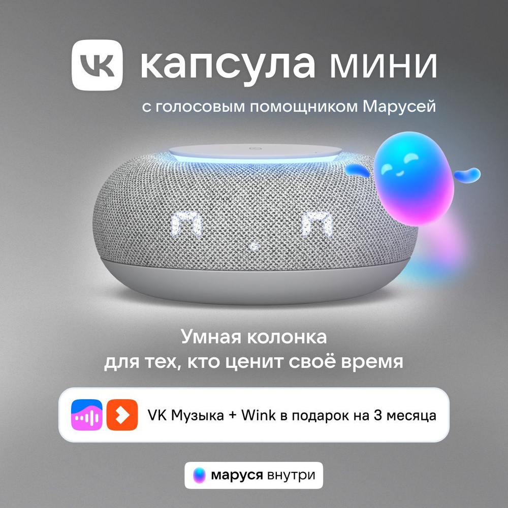 Умная колонка VK Капсула Мини с голосовым помощником Марусей, MRC02, Серая, 3 месяца подписки VK + Wink #1