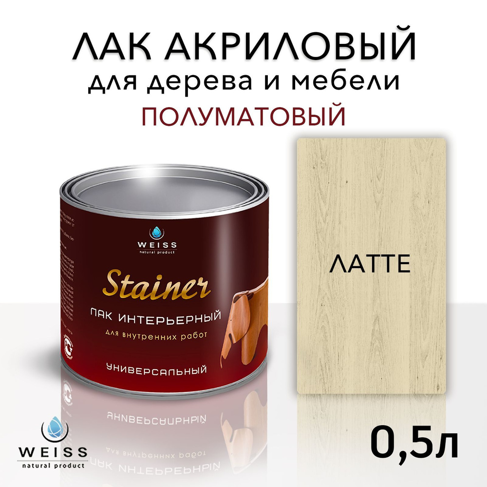 Лак для дерева акриловый латте, полуматовый Weiss natural product, без запаха, самовыравнивающийся, 0.5л #1