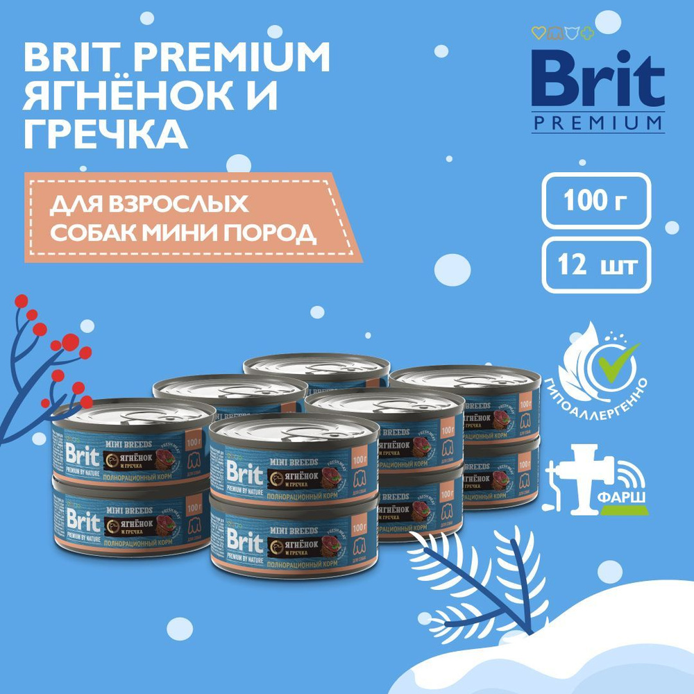 Консервы для собак мелких пород Brit Premium by Nature, с ягненком и гречкой, 100 г х 12 шт  #1