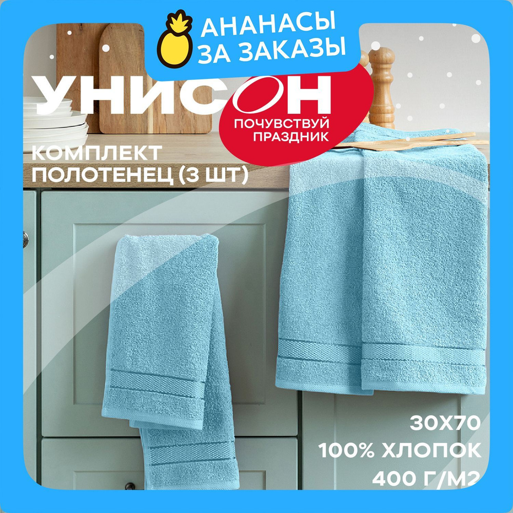 Новогоднее Полотенце махровое 3 шт (30х70) "Унисон" Ritz светло-бирюзовый  #1